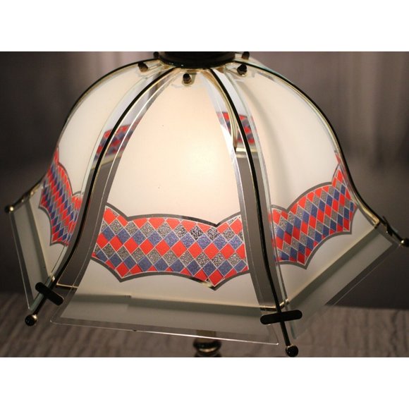 Vtg 1990s White Reverse Printed Checkered Gold Colored Bell Touch Lamp Red White - Picture 8 of 10